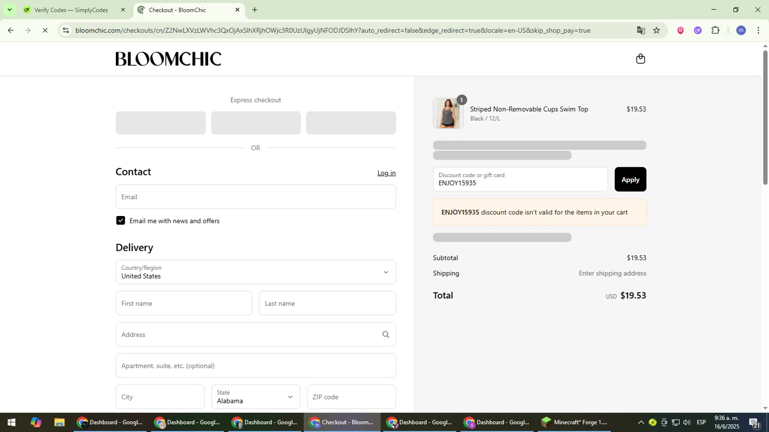 Bloomchic coupon code screenshot showing code ENJOY15935 applied at Bloomchic checkout page. Uploaded by SimplyCodes community member QuestDefender2661 on Jun 16, 2025