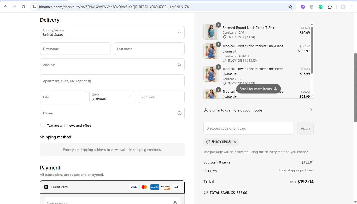 Bloomchic coupon code screenshot showing code ENJOY15935 applied at Bloomchic checkout page. Uploaded by SimplyCodes community member ronaldacunajr13 on Jun 16, 2025