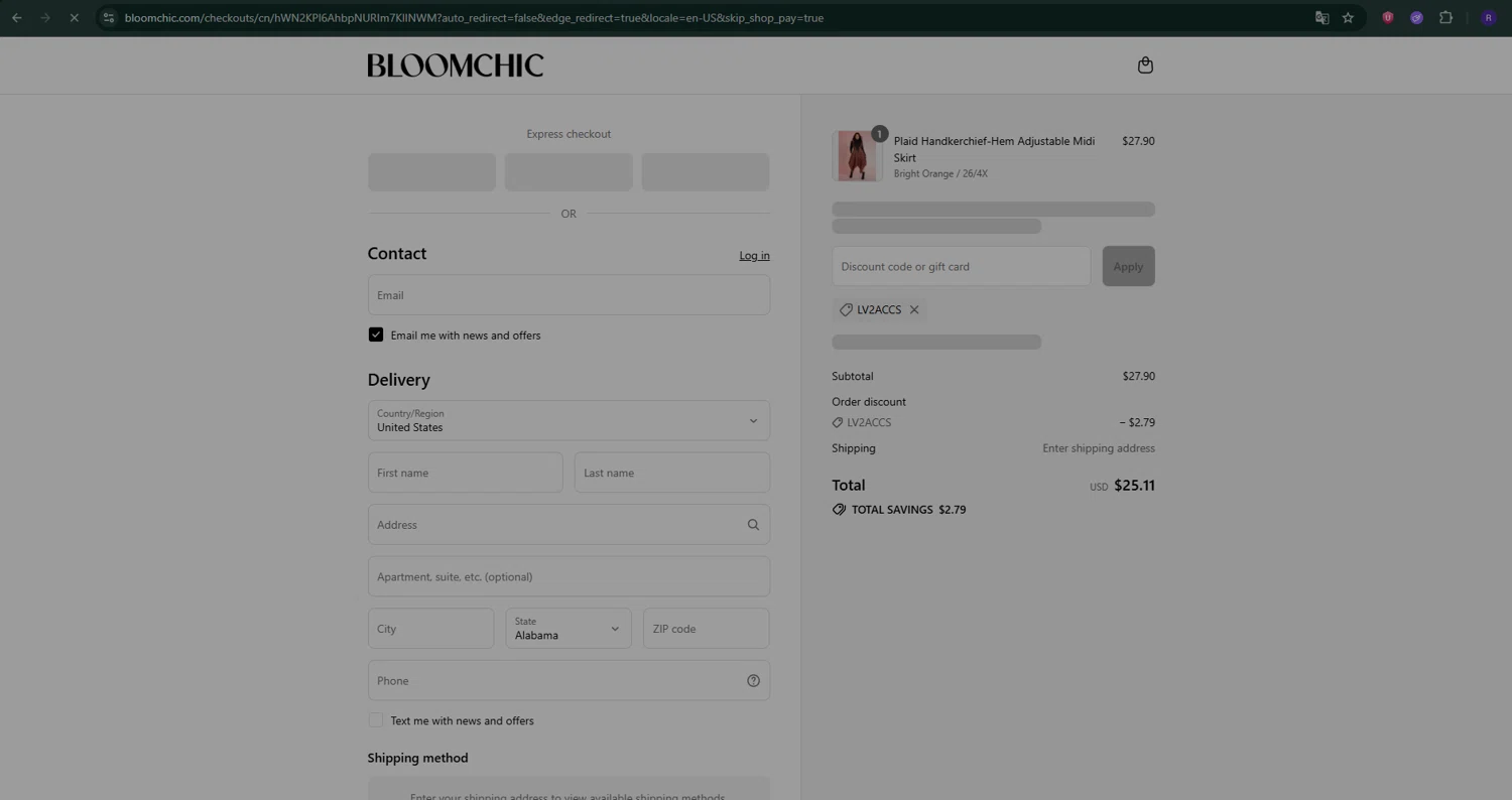 Bloomchic coupon code screenshot showing code LV2ACCS applied at Bloomchic checkout page. Uploaded by SimplyCodes community member ShrewdShopper154 on Aug 28, 2025