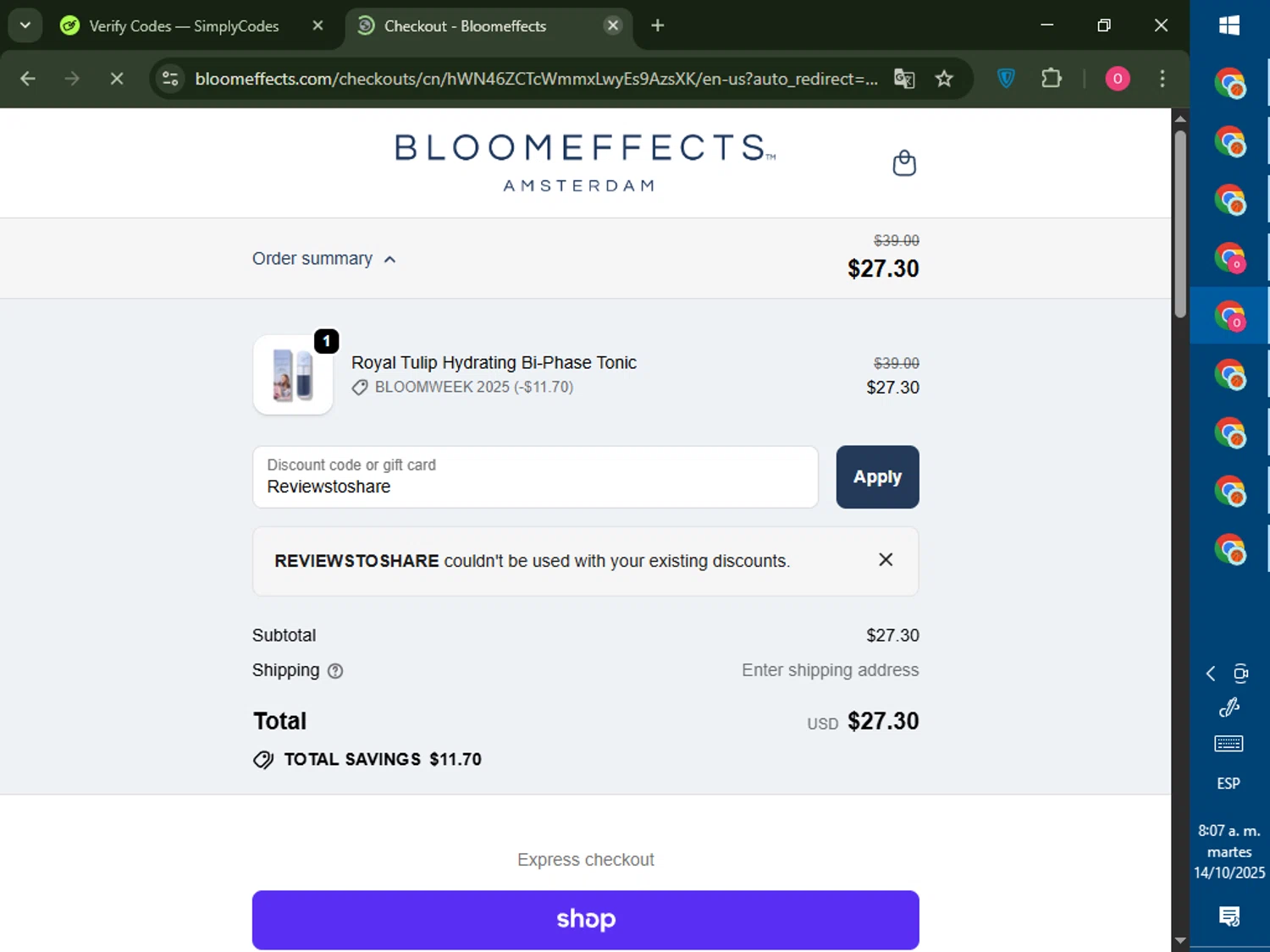 Bloomeffects promo code screenshot showing code Reviewstoshare applied at Bloomeffects checkout page. Uploaded by SimplyCodes community member LegendaryRanger6350 on Oct 14, 2025