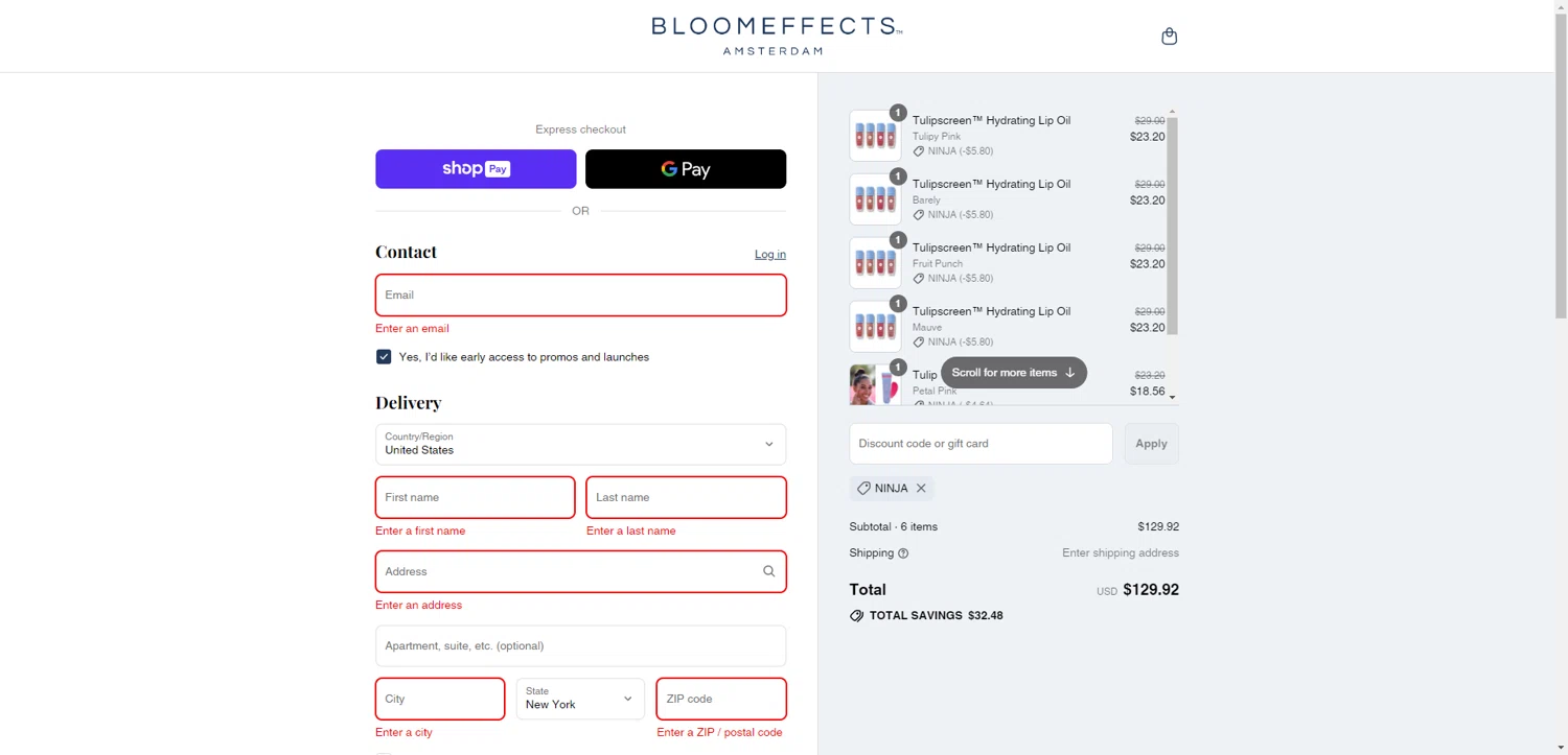 Bloomeffects promo code screenshot showing code Ninja applied at Bloomeffects checkout page. Uploaded by SimplyCodes community member PromoAdmiral6652 on Jul 22, 2025