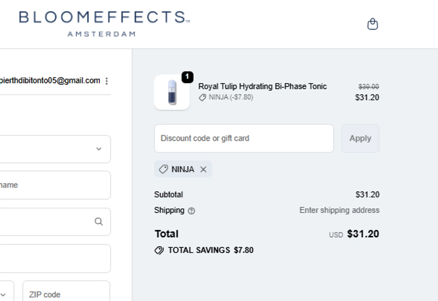 Bloomeffects promo code screenshot showing code Ninja applied at Bloomeffects checkout page. Uploaded by SimplyCodes community member tumdre on Oct 18, 2025