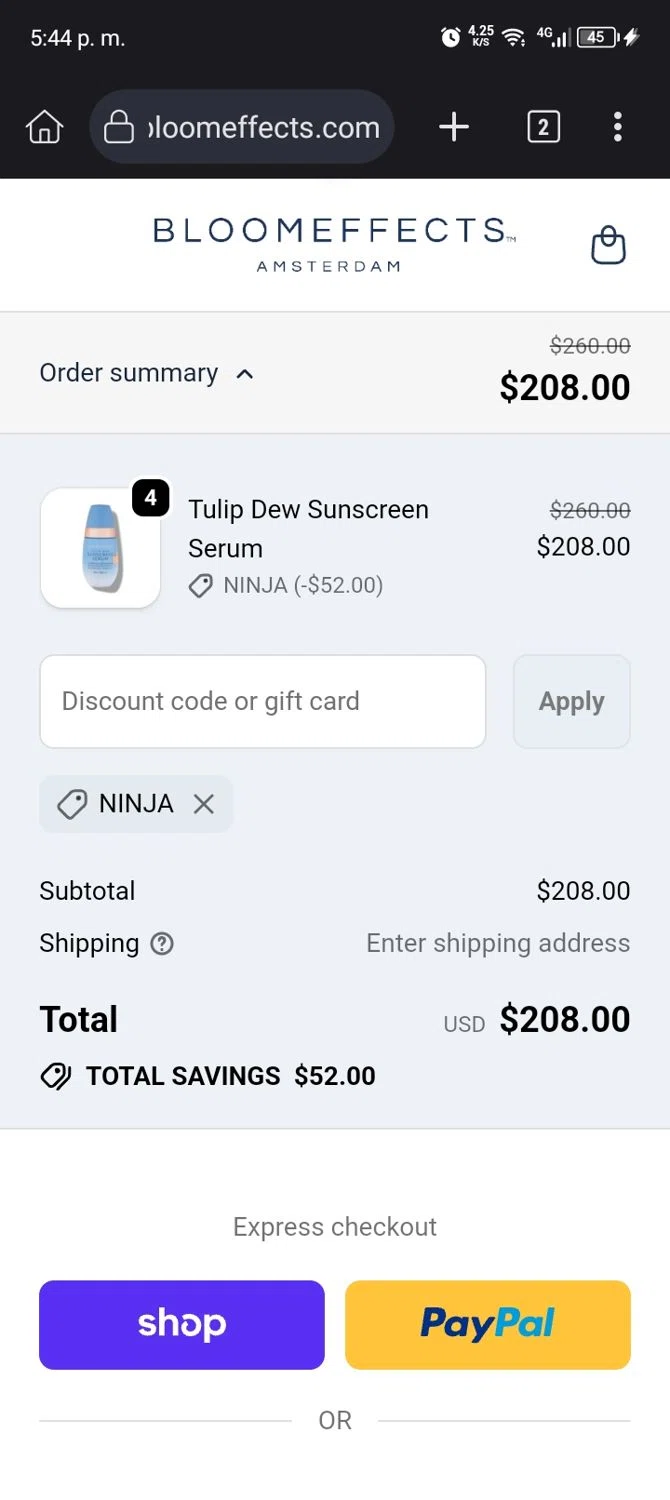 Bloomeffects promo code screenshot showing code Ninja applied at Bloomeffects checkout page. Uploaded by SimplyCodes community member ScanExpert7367 on Oct 2, 2025