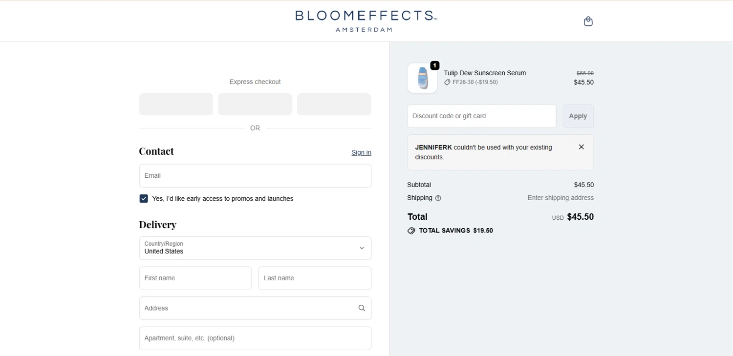 Bloomeffects promo code screenshot showing code JenniferK applied at Bloomeffects checkout page. Uploaded by SimplyCodes community member Alydrop on Jan 22, 2026