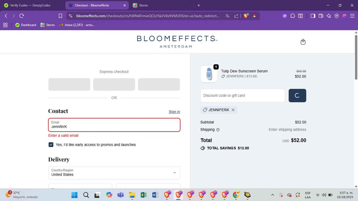 Bloomeffects promo code screenshot showing code JenniferK applied at Bloomeffects checkout page. Uploaded by SimplyCodes community member antoooooooooooooo on Oct 18, 2025