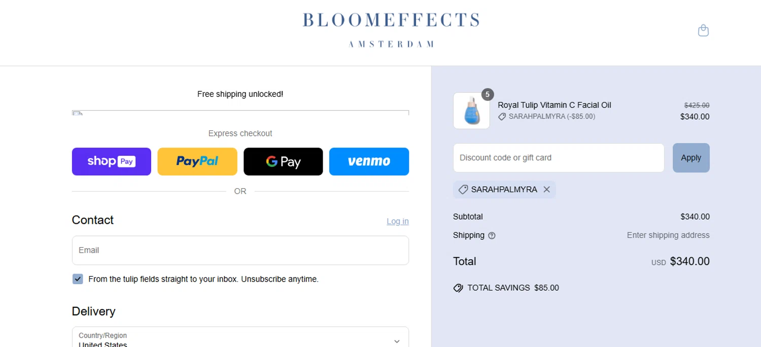 Bloomeffects promo code screenshot showing code sarahpalmyra applied at Bloomeffects checkout page. Uploaded by SimplyCodes community member shark12 on Apr 21, 2025
