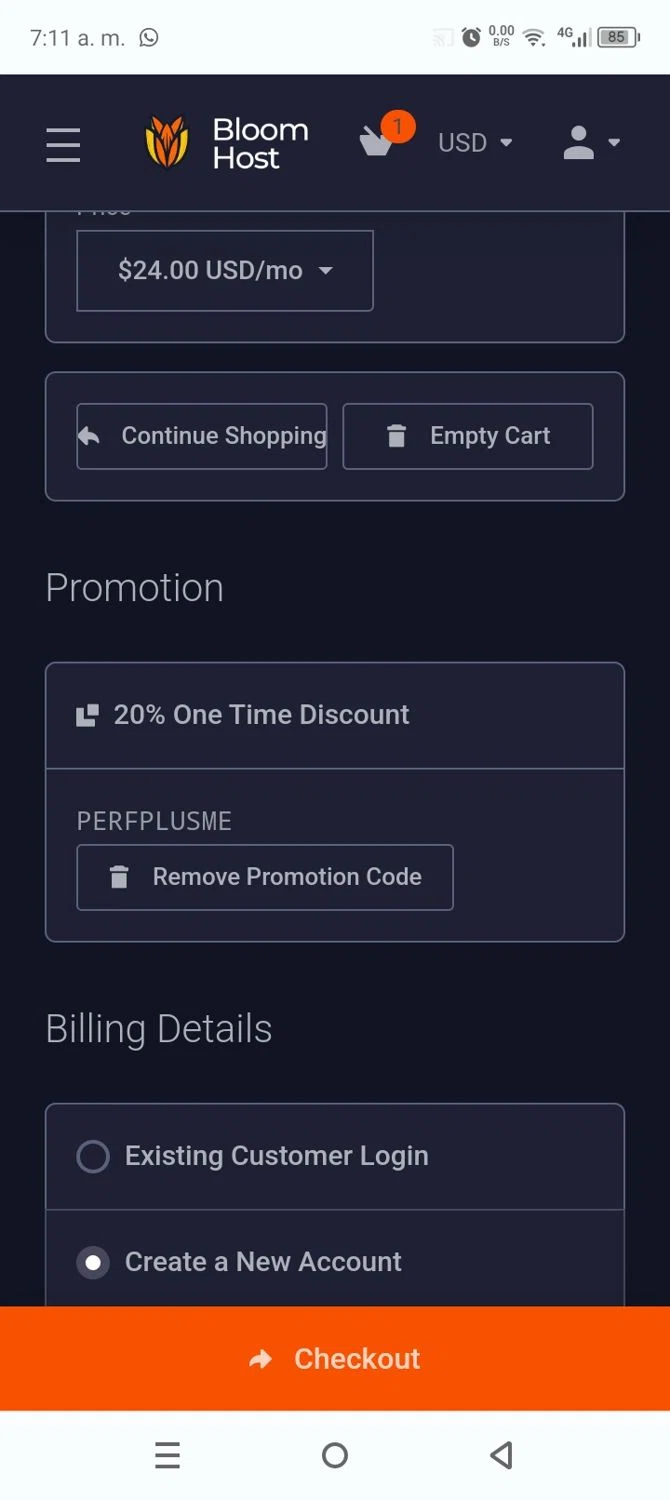Bloom Host checkout page showing Bloom Host promo code box | Screenshot taken by SimplyCodes community member on Jan 12, 2025
