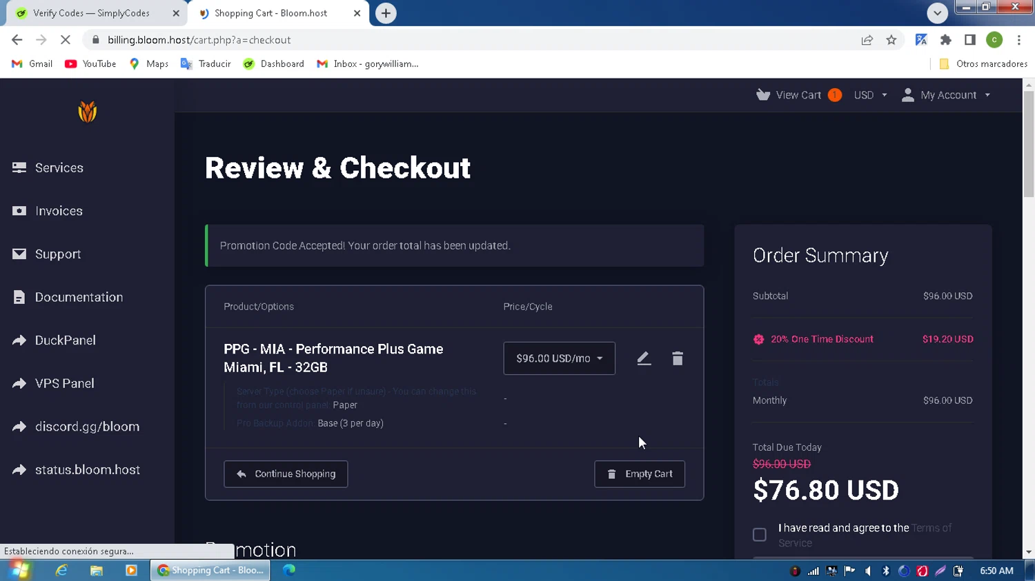 Bloom Host promo code screenshot showing code PERFPLUSME applied at Bloom Host checkout page. Uploaded by SimplyCodes community member MagnificentPilot8371 on Jun 6, 2025
