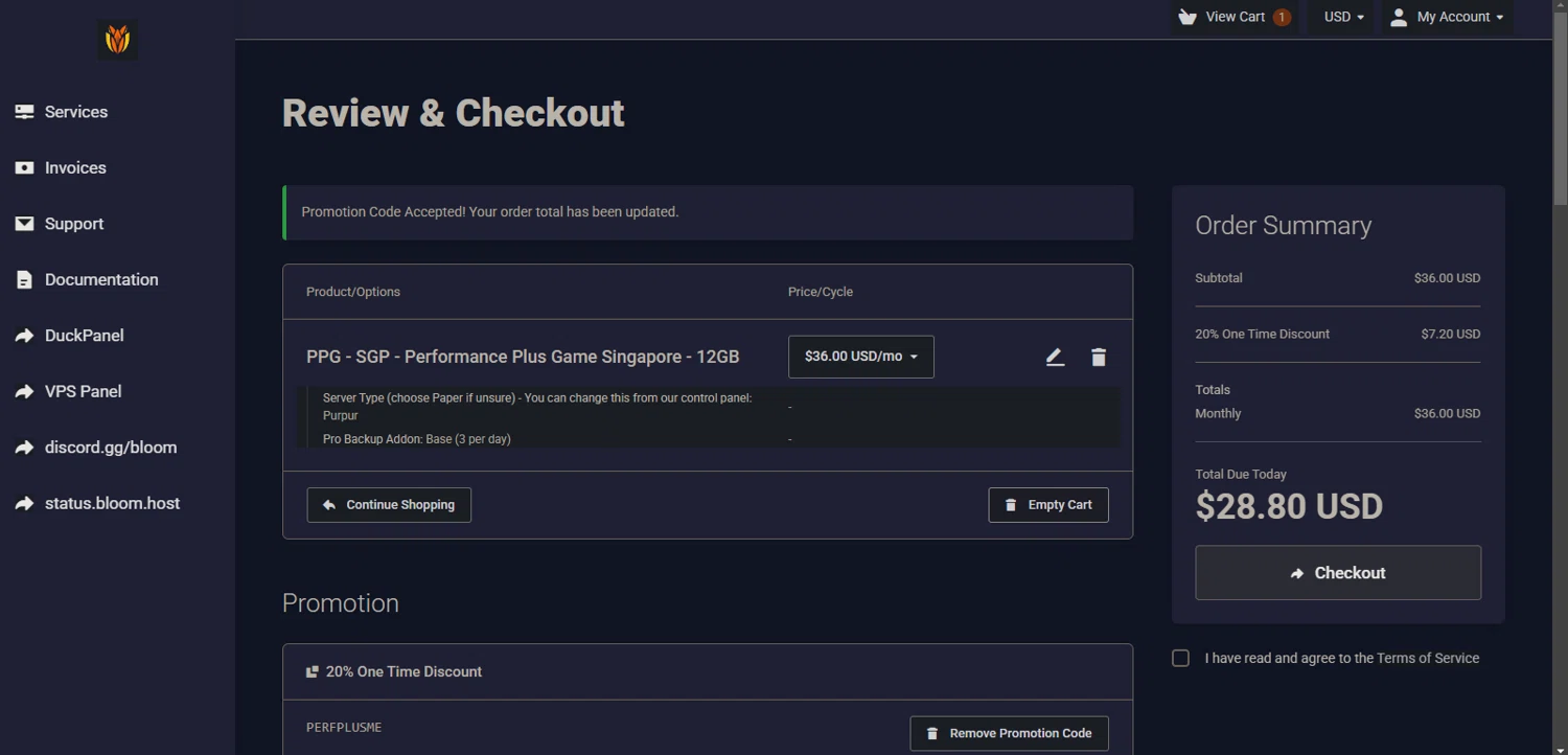 Bloom Host checkout page showing Bloom Host promo code box | Screenshot taken by SimplyCodes community member on Mar 11, 2025