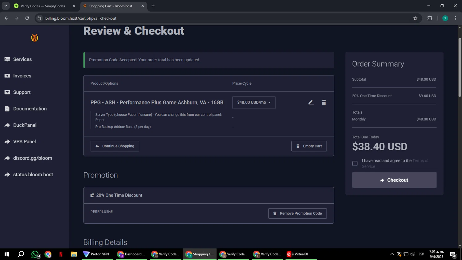 Bloom Host promo code screenshot showing code PERFPLUSME applied at Bloom Host checkout page. Uploaded by SimplyCodes community member FrugalCaptain6906 on Apr 9, 2025