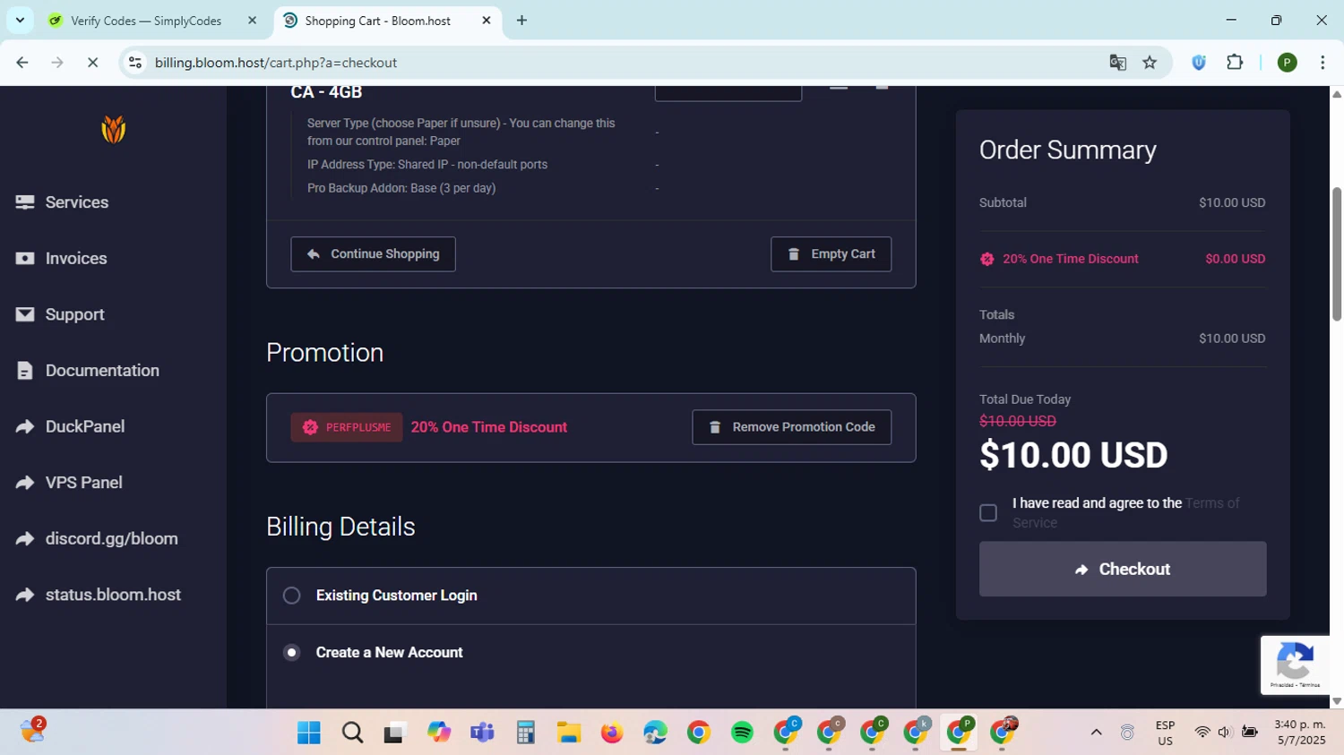 Bloom Host promo code screenshot showing code PERFPLUSME applied at Bloom Host checkout page. Uploaded by SimplyCodes community member ThriftySpotter5396 on Jul 5, 2025