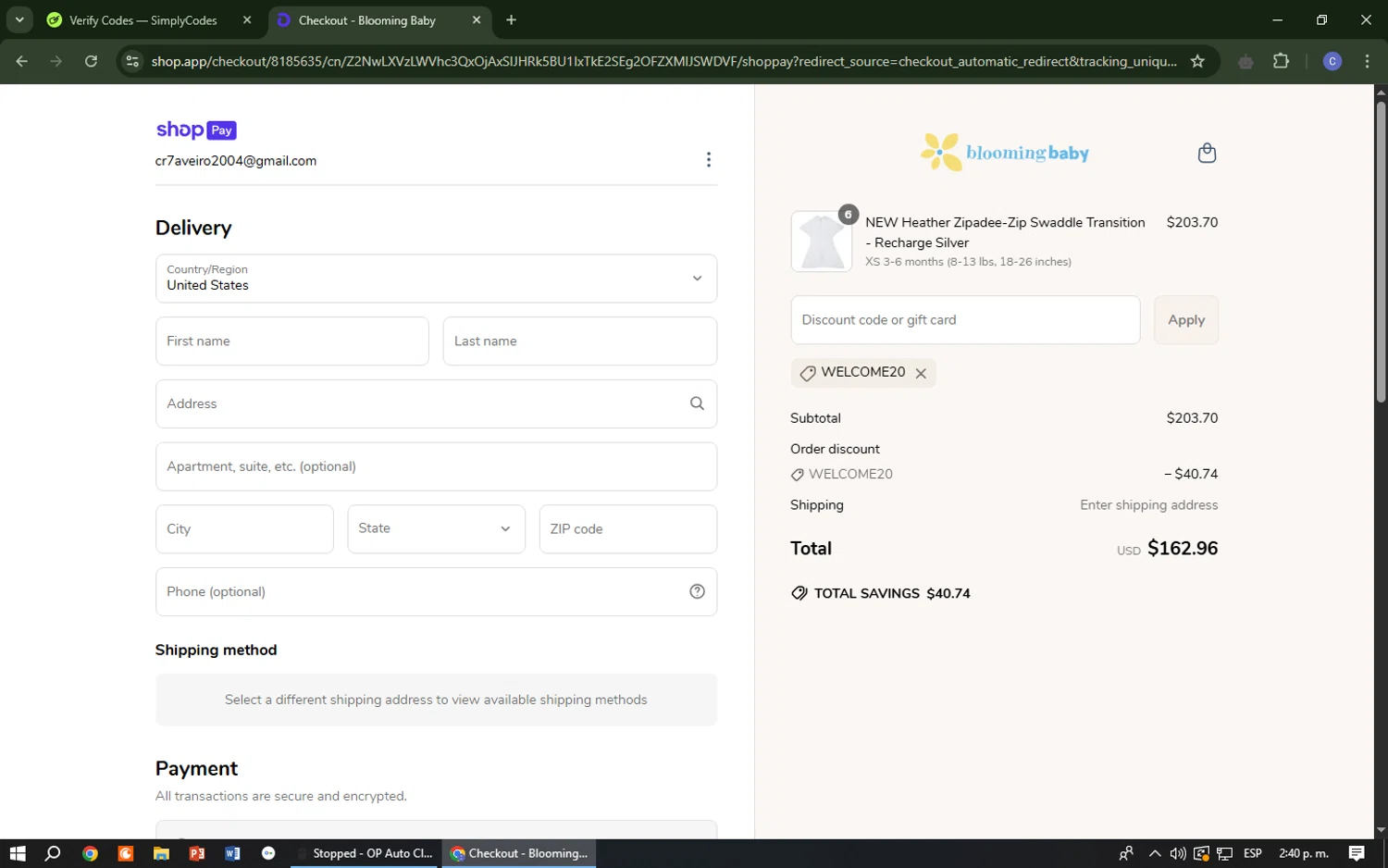 Blooming Baby promo code screenshot showing code WELCOME20 applied at Blooming Baby checkout page. Uploaded by SimplyCodes community member Cr7aveiro on Apr 10, 2025