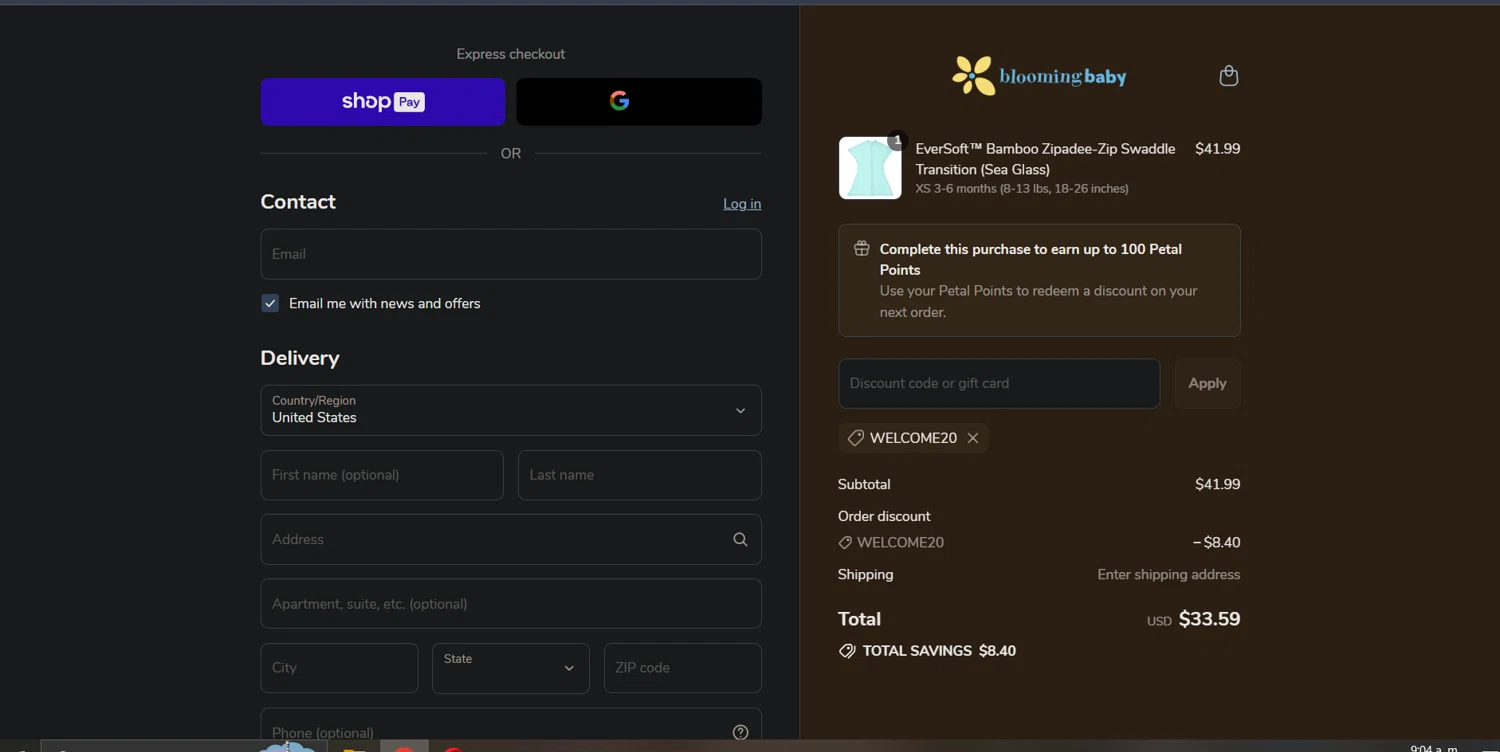 Blooming Baby promo code screenshot showing code WELCOME20 applied at Blooming Baby checkout page. Uploaded by SimplyCodes community member Ray_YNN on Jul 11, 2025