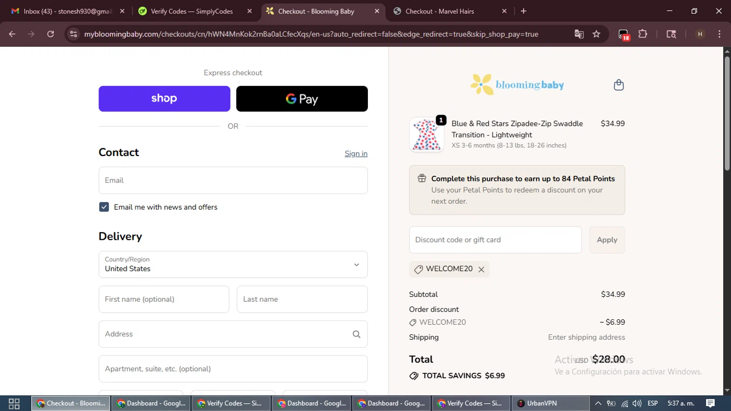 Blooming Baby promo code screenshot showing code WELCOME20 applied at Blooming Baby checkout page. Uploaded by SimplyCodes community member VictoriousPioneer8823 on Oct 21, 2025