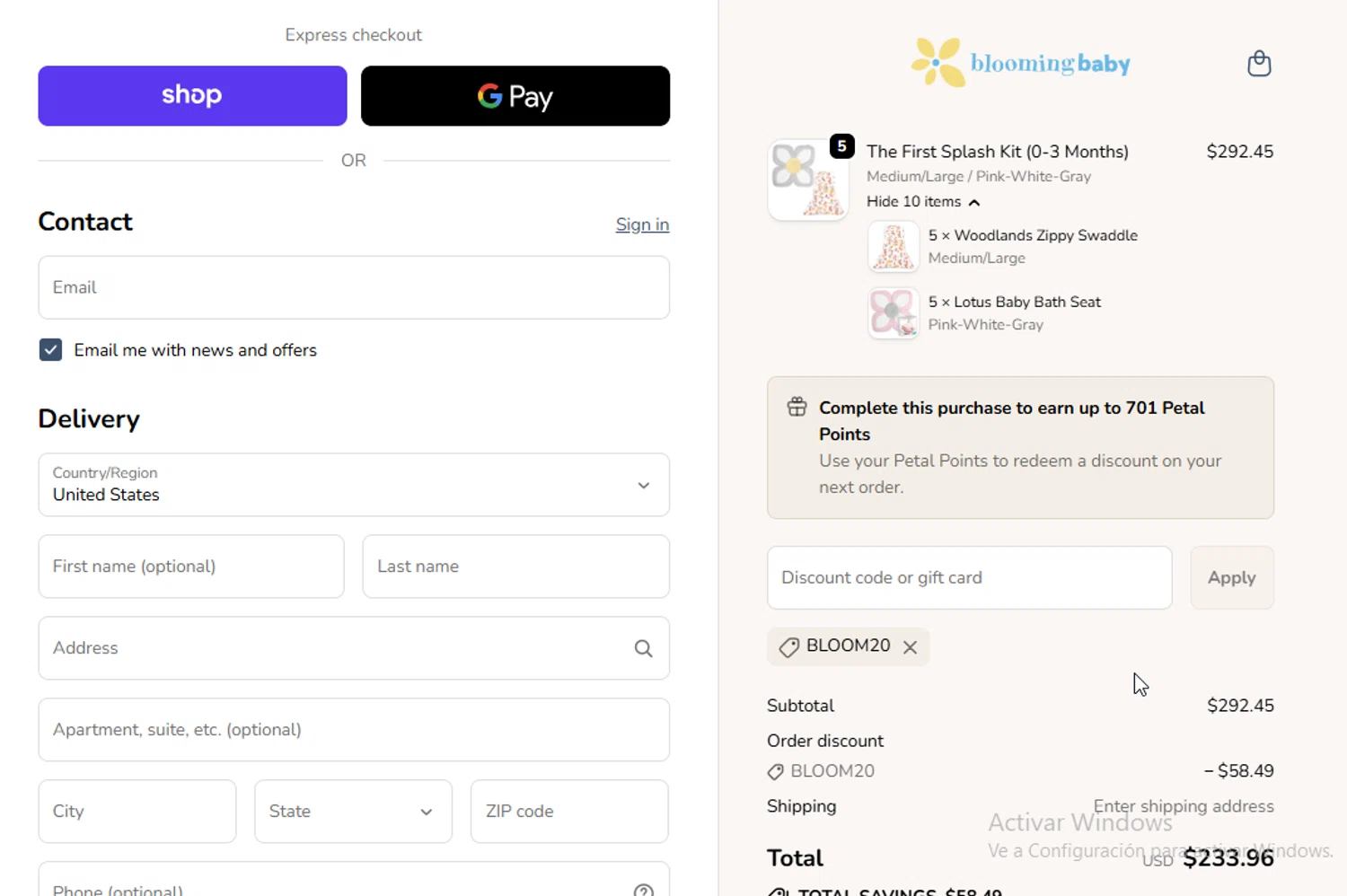 Blooming Baby promo code screenshot showing code Bloom20 applied at Blooming Baby checkout page. Uploaded by SimplyCodes community member ligthYA on Oct 25, 2025