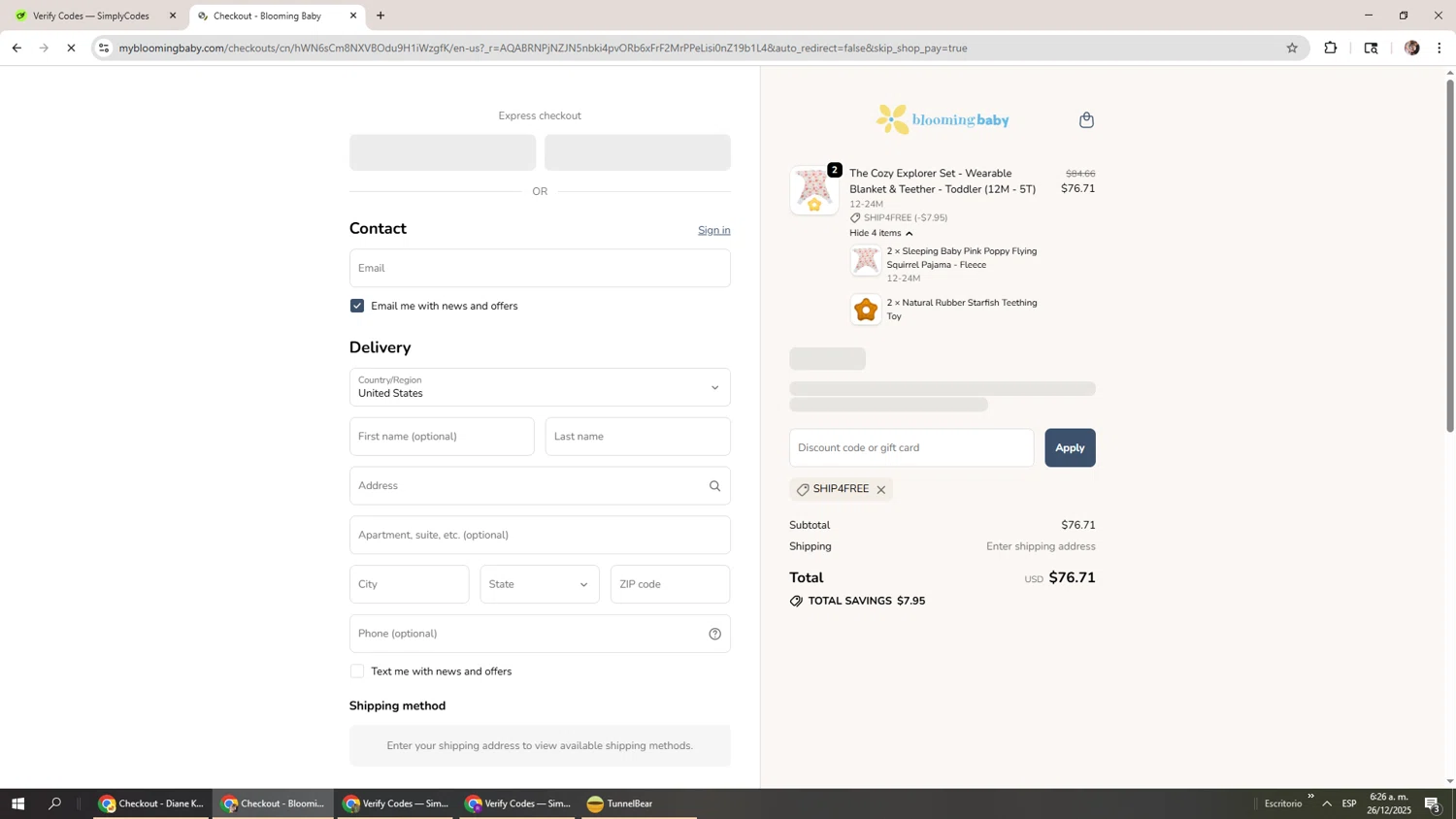Blooming Baby checkout page showing Blooming Baby promo code box | Screenshot taken by SimplyCodes community member on Dec 26, 2025
