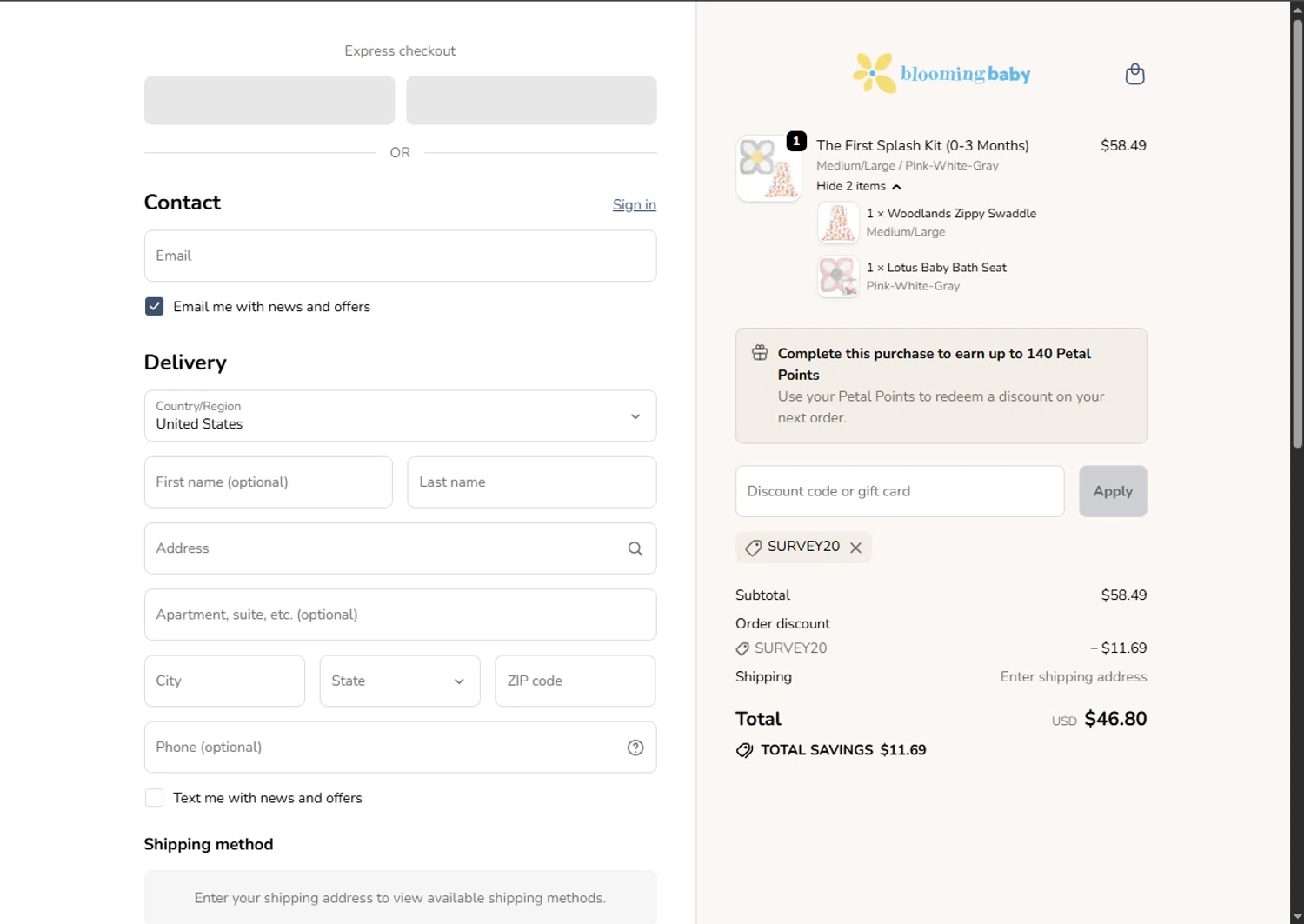 Blooming Baby promo code screenshot showing code SURVEY20 applied at Blooming Baby checkout page. Uploaded by SimplyCodes community member BargainSaver8204 on Oct 30, 2025