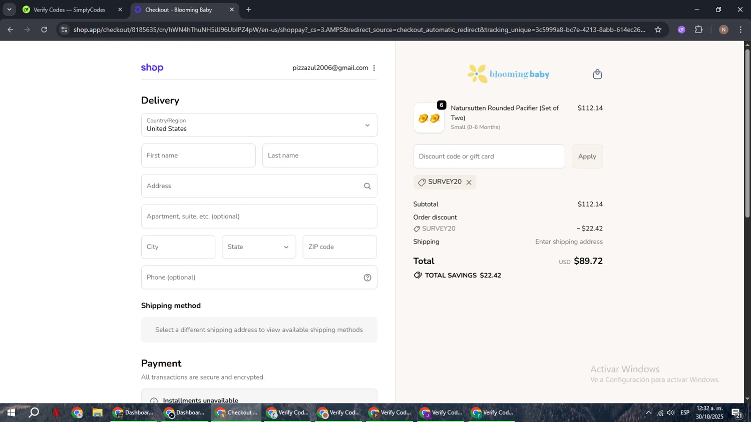 Blooming Baby promo code screenshot showing code SURVEY20 applied at Blooming Baby checkout page. Uploaded by SimplyCodes community member DiscountPioneer2554 on Oct 30, 2025