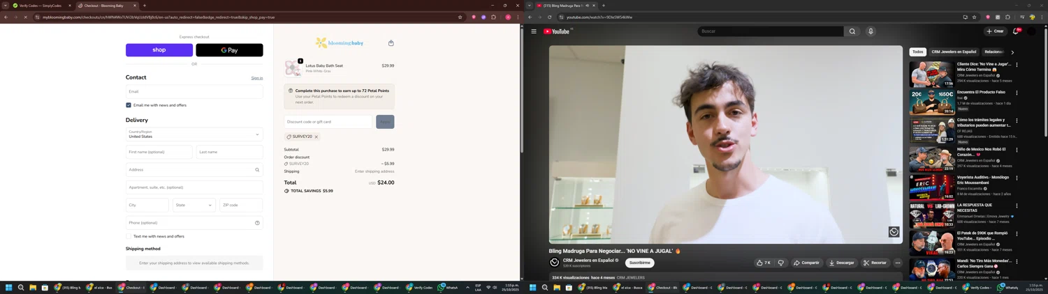 Blooming Baby promo code screenshot showing code SURVEY20 applied at Blooming Baby checkout page. Uploaded by SimplyCodes community member TreasureWarden457 on Oct 25, 2025