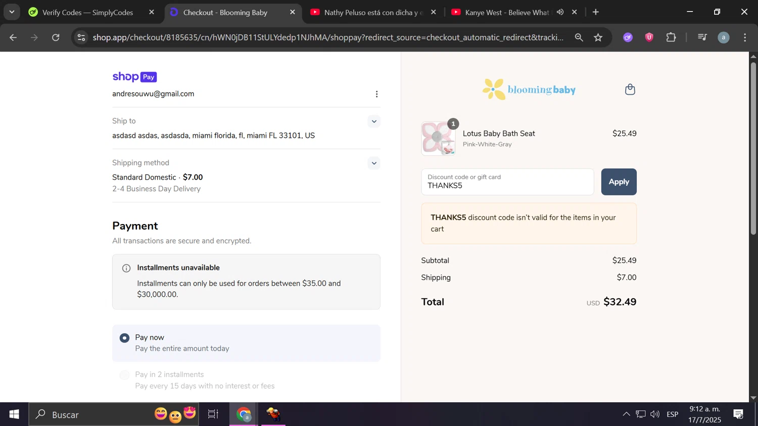 Blooming Baby promo code screenshot showing code THANKS5 applied at Blooming Baby checkout page. Uploaded by SimplyCodes community member Frizk_1 on Jul 17, 2025