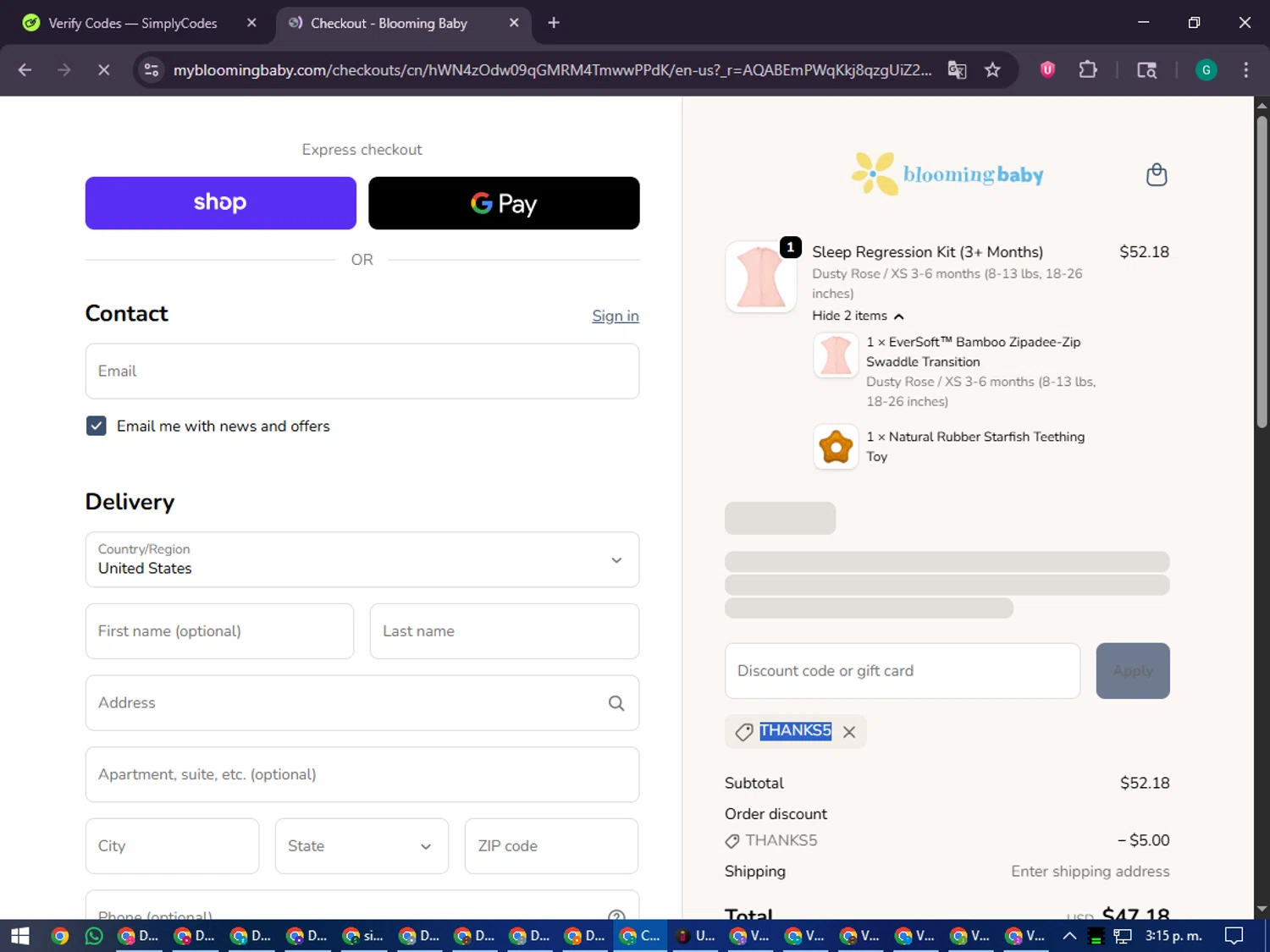 Blooming Baby promo code screenshot showing code THANKS5 applied at Blooming Baby checkout page. Uploaded by SimplyCodes community member PennyFinder5759 on Nov 6, 2025