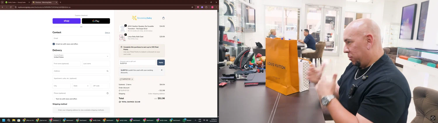 Blooming Baby promo code screenshot showing code SLEEP15 applied at Blooming Baby checkout page. Uploaded by SimplyCodes community member TreasureWarden457 on Oct 25, 2025