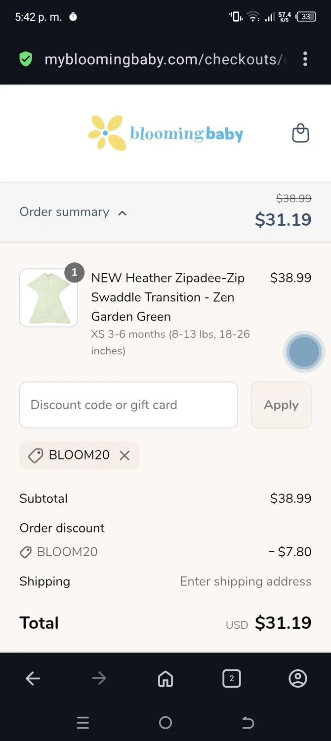 Blooming Baby promo code screenshot showing code Bloom20 applied at Blooming Baby checkout page. Uploaded by SimplyCodes community member ANABEL on Apr 17, 2025
