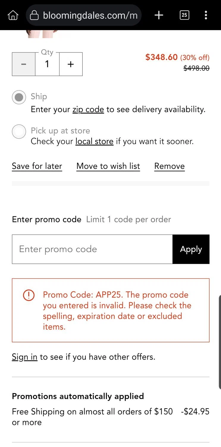 Bloomingdale's promo code screenshot showing code APP25 applied at Bloomingdale's checkout page. Uploaded by SimplyCodes community member Carloslvz on Jul 6, 2025