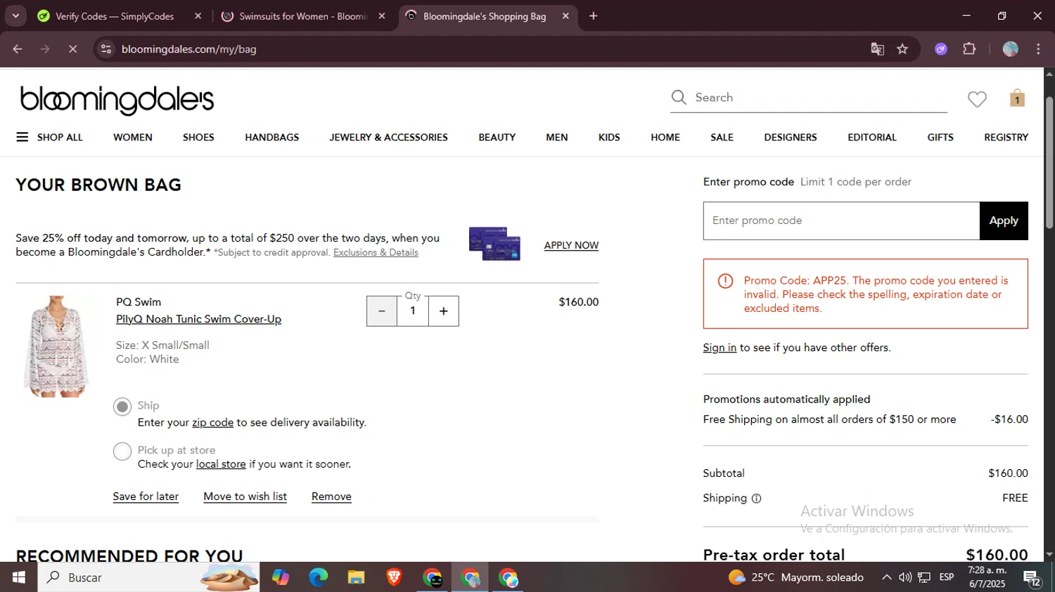 Bloomingdale's promo code screenshot showing code APP25 applied at Bloomingdale's checkout page. Uploaded by SimplyCodes community member LegendaryPro7106 on Jul 6, 2025