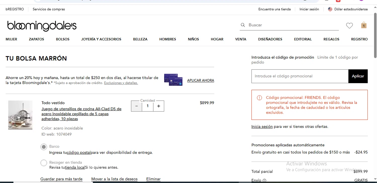 Bloomingdale's promo code screenshot showing code friends applied at Bloomingdale's checkout page. Uploaded by SimplyCodes community member Francisco on Apr 2, 2025