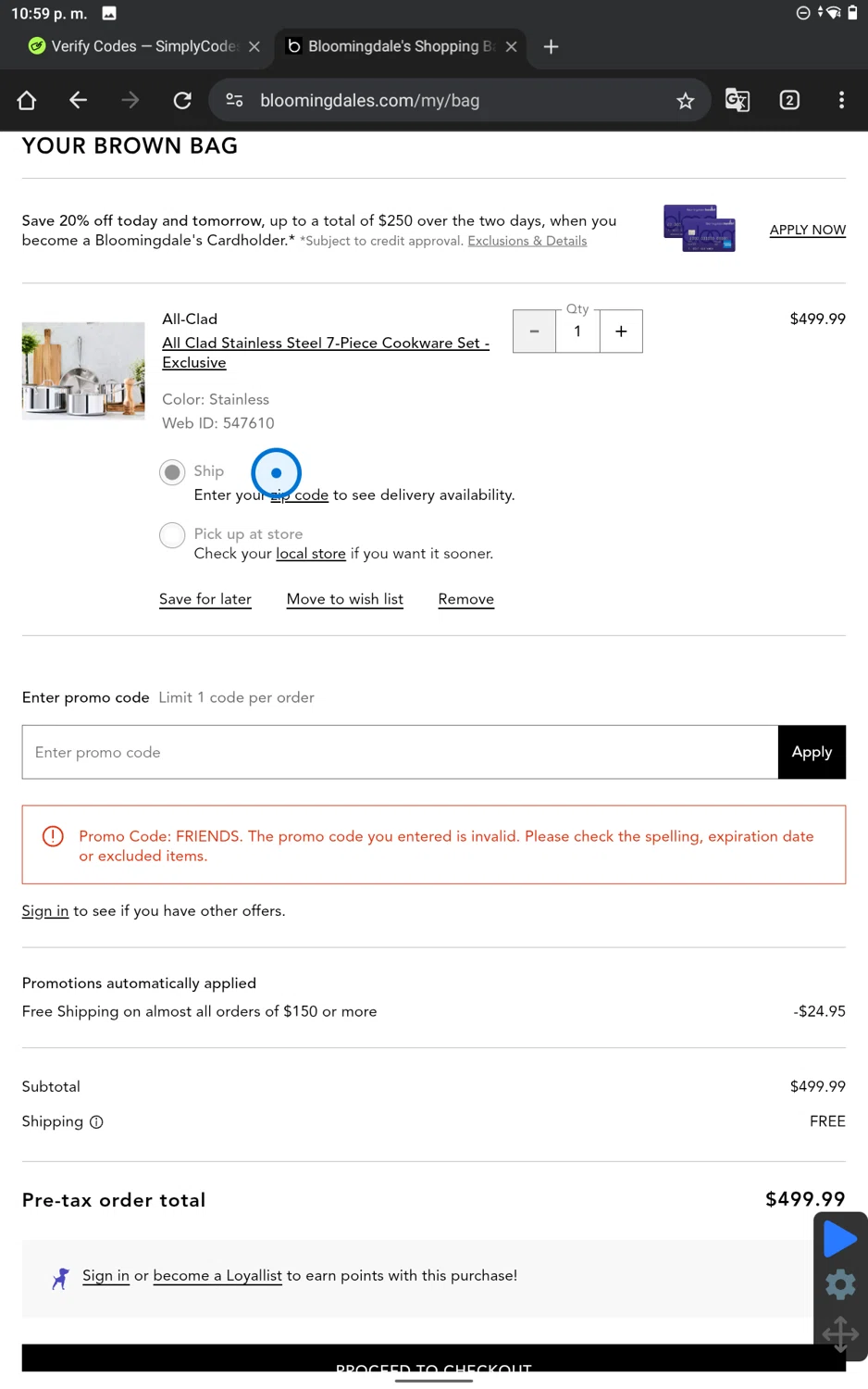 Bloomingdale's promo code screenshot showing code friends applied at Bloomingdale's checkout page. Uploaded by SimplyCodes community member PennySaver9600 on May 2, 2025