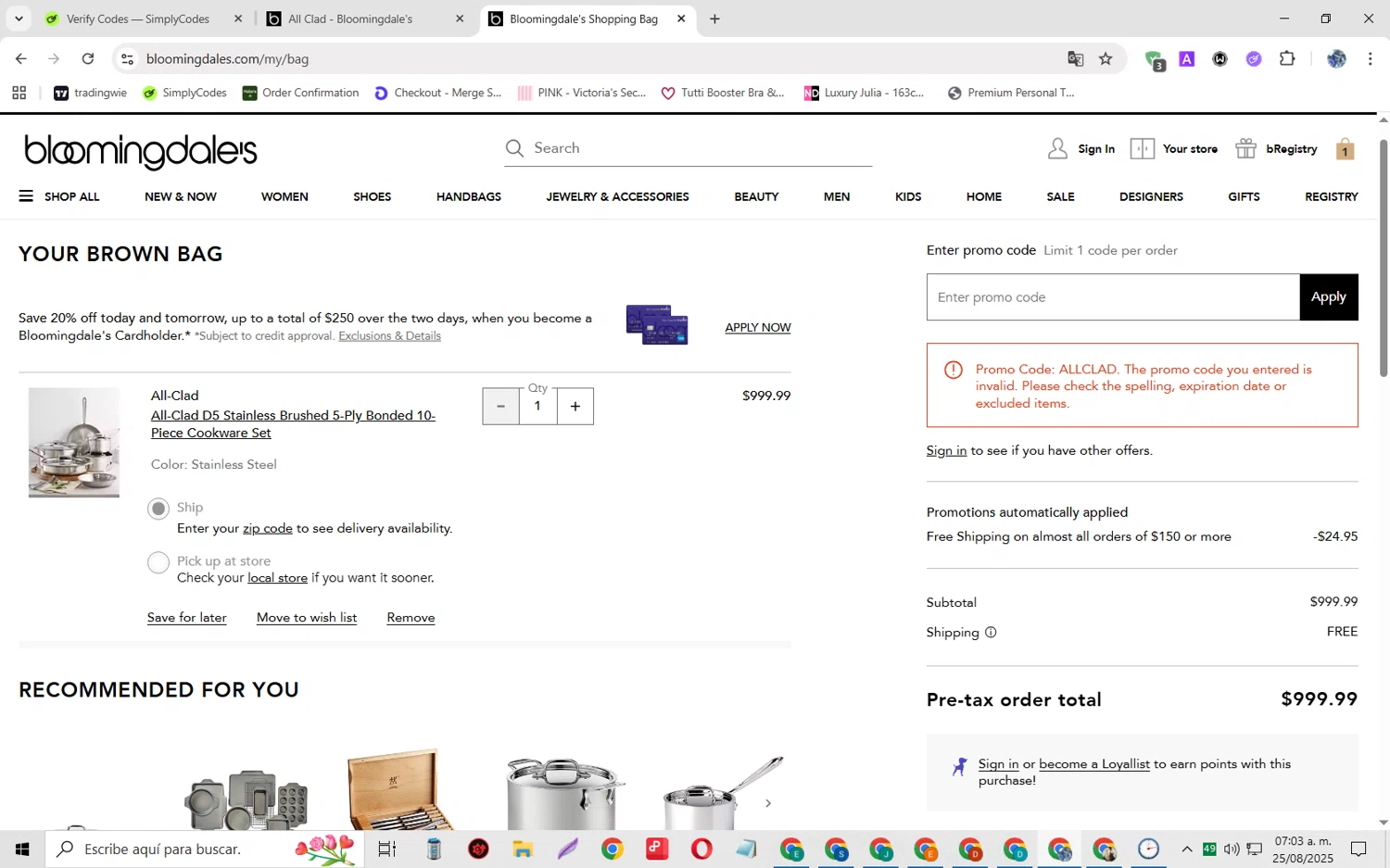 Bloomingdale's promo code screenshot showing code ALLCLAD applied at Bloomingdale's checkout page. Uploaded by SimplyCodes community member JoseH45 on Aug 25, 2025