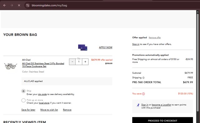 Bloomingdale's checkout page showing Bloomingdale's promo code box | Screenshot taken by SimplyCodes community member on Jul 1, 2025
