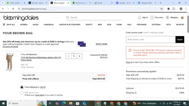 Bloomingdale's checkout page showing Bloomingdale's promo code box | Screenshot taken by SimplyCodes community member on Jul 9, 2025