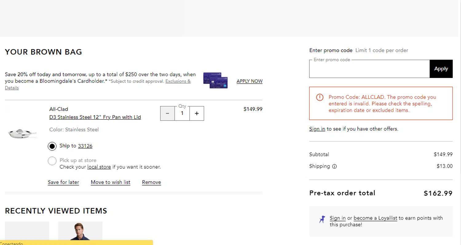 Bloomingdale's promo code screenshot showing code ALLCLAD applied at Bloomingdale's checkout page. Uploaded by SimplyCodes community member Yuskecoder426913 on Aug 25, 2025