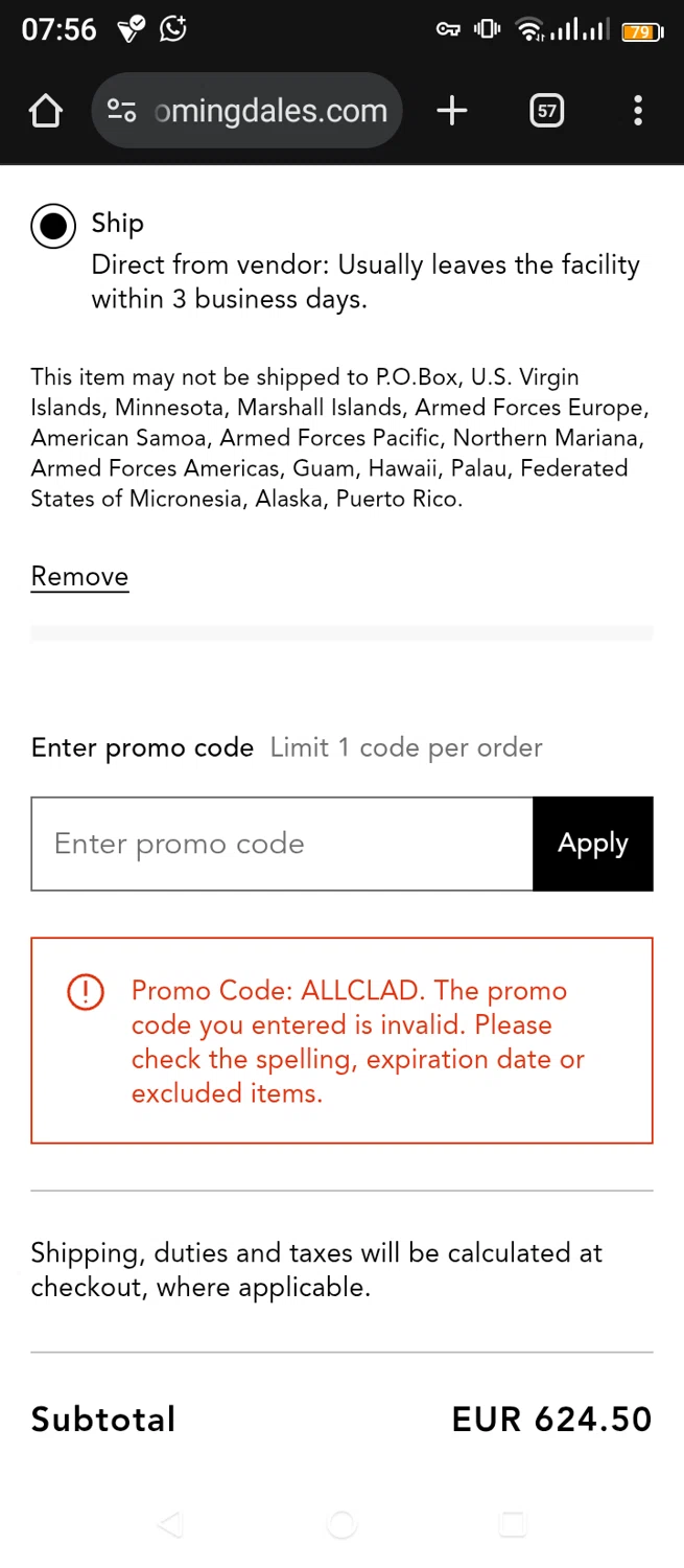 Bloomingdale's promo code screenshot showing code ALLCLAD applied at Bloomingdale's checkout page. Uploaded by SimplyCodes community member jimmytheis on Aug 5, 2025
