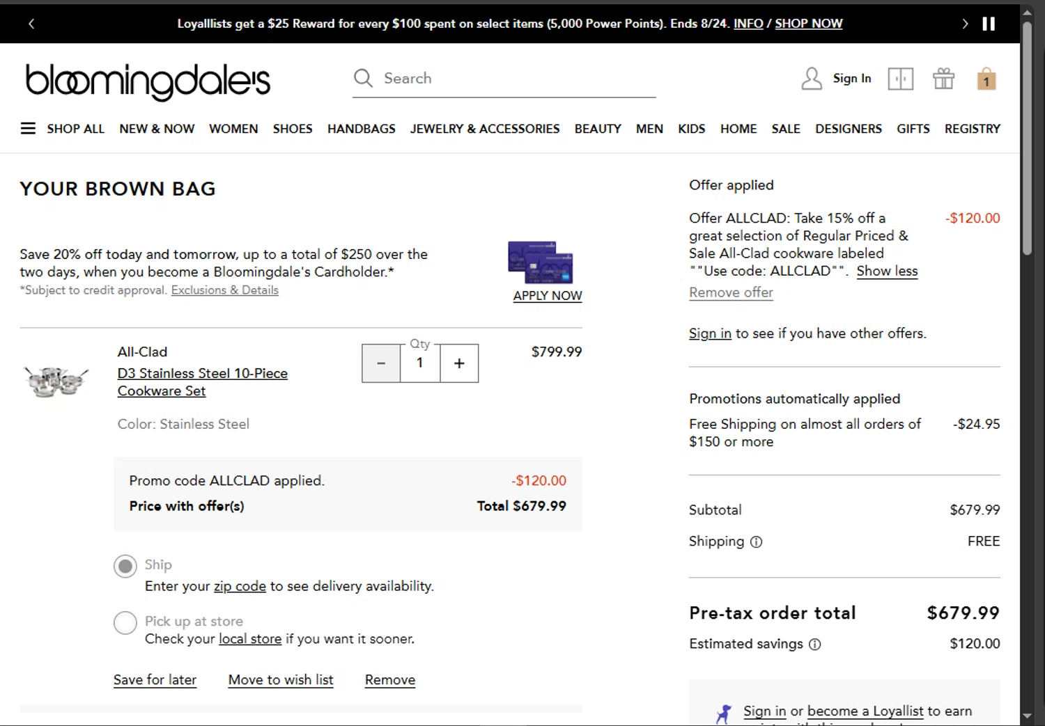 Bloomingdale's promo code screenshot showing code ALLCLAD applied at Bloomingdale's checkout page. Uploaded by SimplyCodes community member rapiddeals on Aug 23, 2025