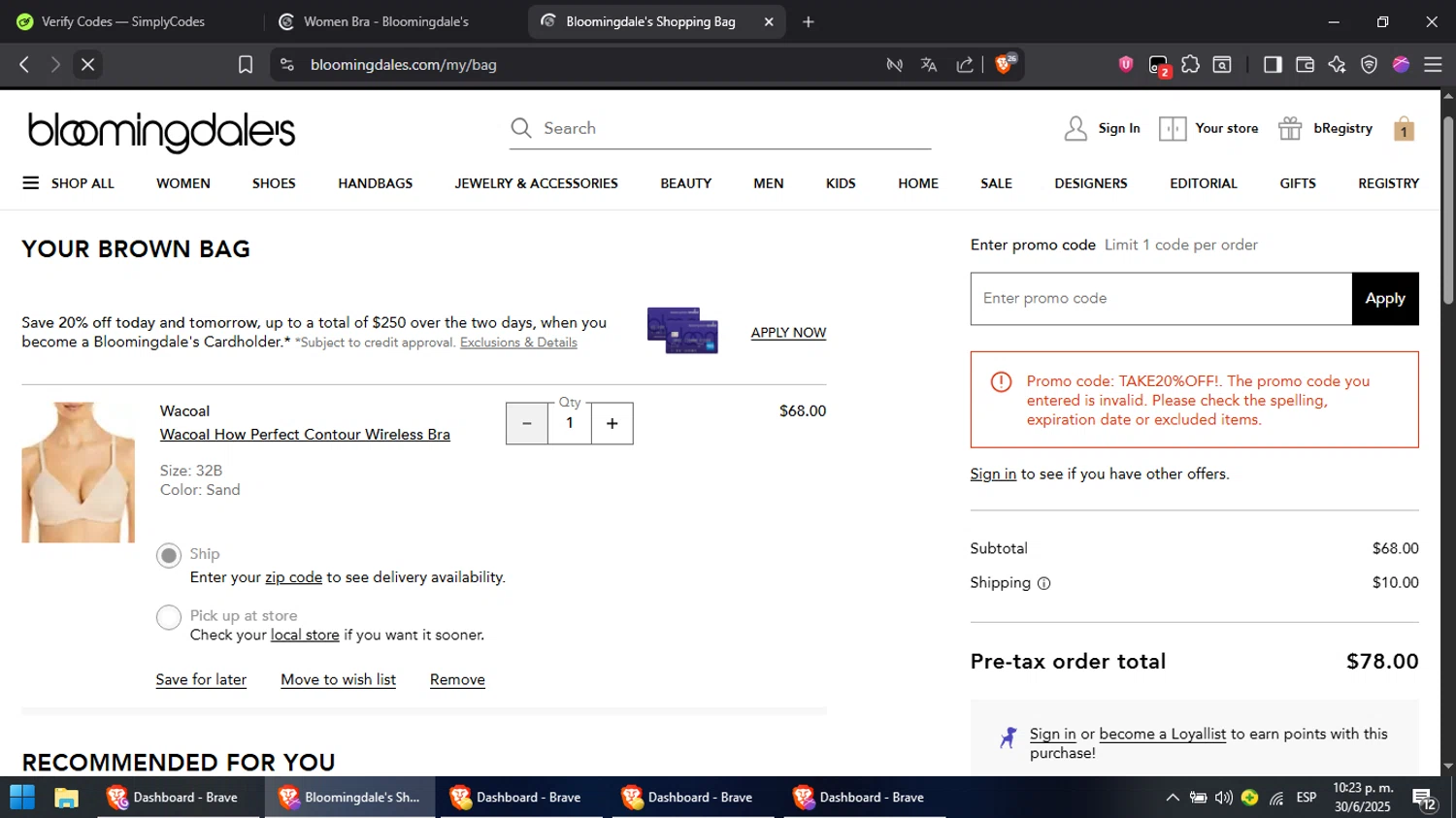 Bloomingdale's promo code screenshot showing code Take20%Off! applied at Bloomingdale's checkout page. Uploaded by SimplyCodes community member Cynoxx on Jul 1, 2025