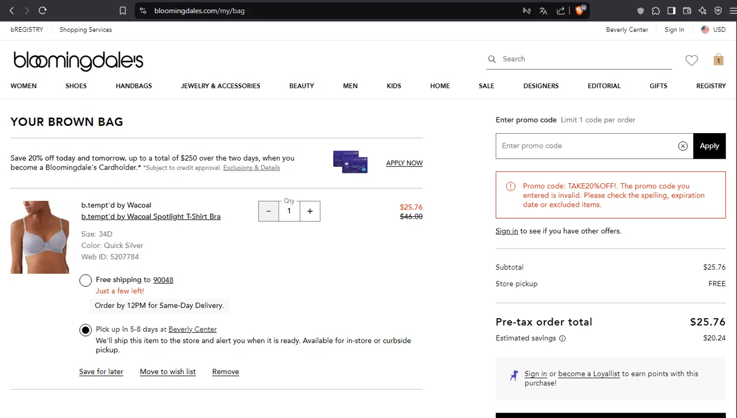 Bloomingdale's promo code screenshot showing code Take20%Off! applied at Bloomingdale's checkout page. Uploaded by SimplyCodes community member crischidy25 on Feb 14, 2025