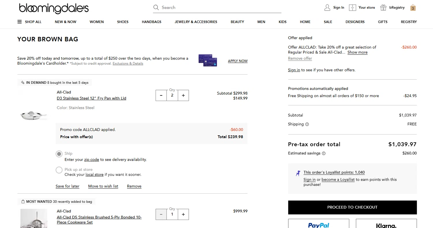 Bloomingdale's promo code screenshot showing code ALLCLAD applied at Bloomingdale's checkout page. Uploaded by SimplyCodes community member valeriaantonieta on Aug 27, 2025