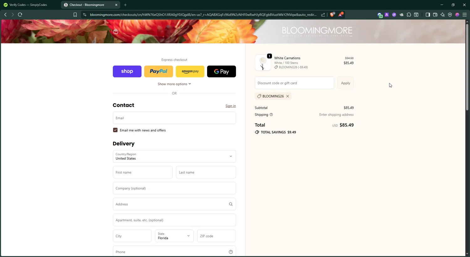 Bloomingmore promo code screenshot showing code BLOOMING26 applied at Bloomingmore checkout page. Uploaded by SimplyCodes community member BonusShopper4099 on Jan 1, 2026