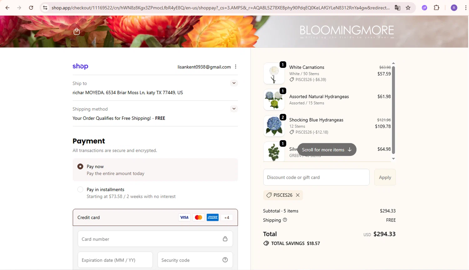 Bloomingmore promo code screenshot showing code PISCES26 applied at Bloomingmore checkout page. Uploaded by SimplyCodes community member PennyMaverick730 on Feb 20, 2026