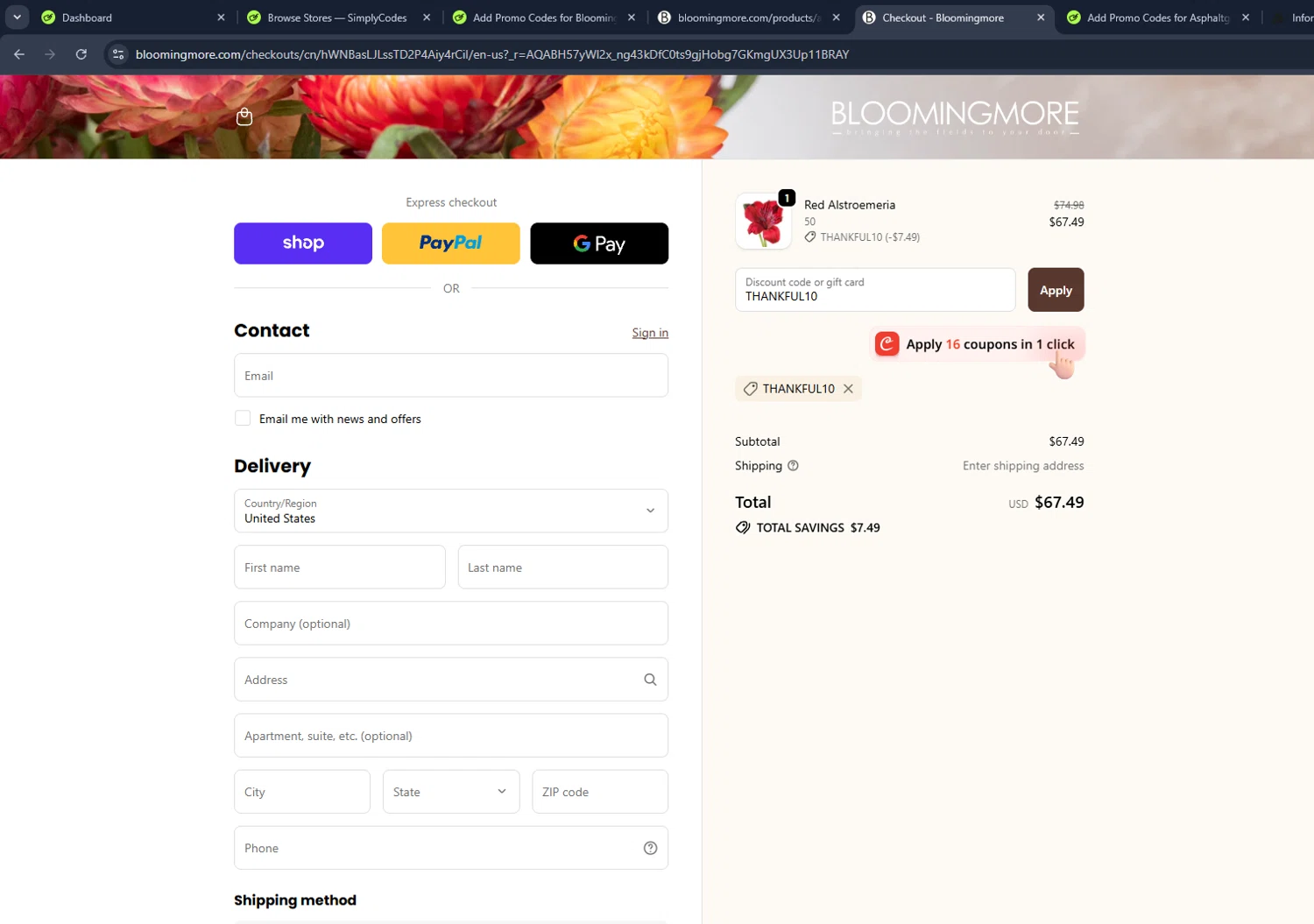 Bloomingmore promo code screenshot showing code THANKFUL10 applied at Bloomingmore checkout page. Uploaded by SimplyCodes community member VictoriousCaptain3902 on Apr 29, 2026