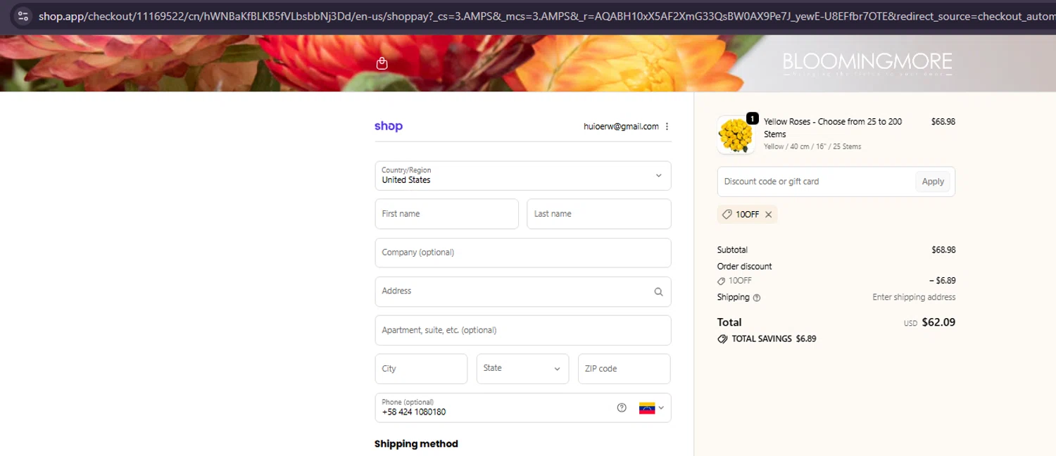 Bloomingmore promo code screenshot showing code 10OFF applied at Bloomingmore checkout page. Uploaded by SimplyCodes community member ivanguere on Apr 29, 2026