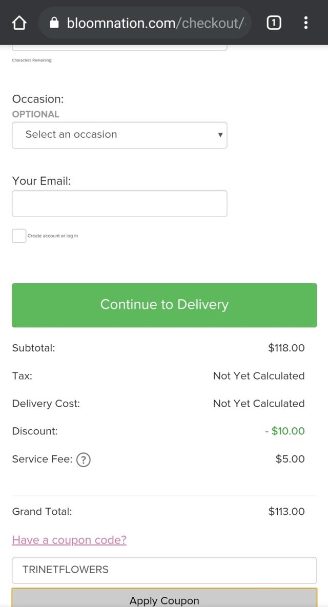 BloomNation checkout page showing BloomNation coupon code box | Screenshot taken by SimplyCodes community member on Feb 13, 2021