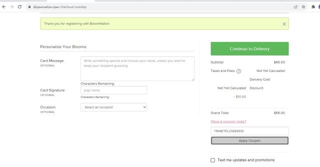 BloomNation checkout page showing BloomNation coupon code box | Screenshot taken by SimplyCodes community member on Mar 18, 2022