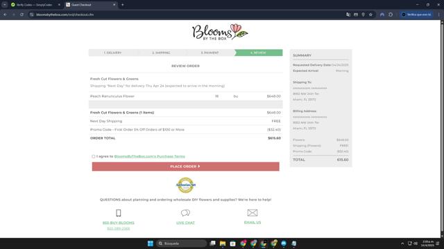 BloomsByTheBox checkout page showing BloomsByTheBox promo code box | Screenshot taken by SimplyCodes community member on Apr 14, 2025