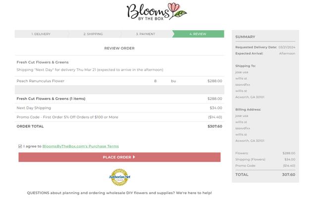 BloomsByTheBox checkout page showing BloomsByTheBox promo code box | Screenshot taken by SimplyCodes community member on Mar 4, 2024