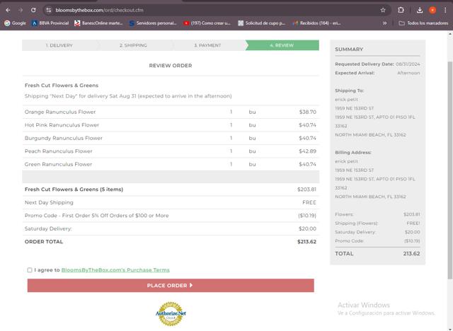 BloomsByTheBox checkout page showing BloomsByTheBox promo code box | Screenshot taken by SimplyCodes community member on Aug 22, 2024