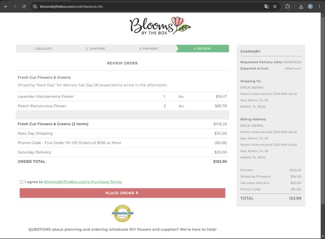BloomsByTheBox checkout page showing BloomsByTheBox promo code box | Screenshot taken by SimplyCodes community member on Sep 14, 2024